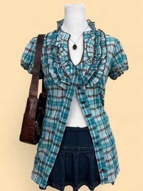 blue brown plaid preppy western granola top